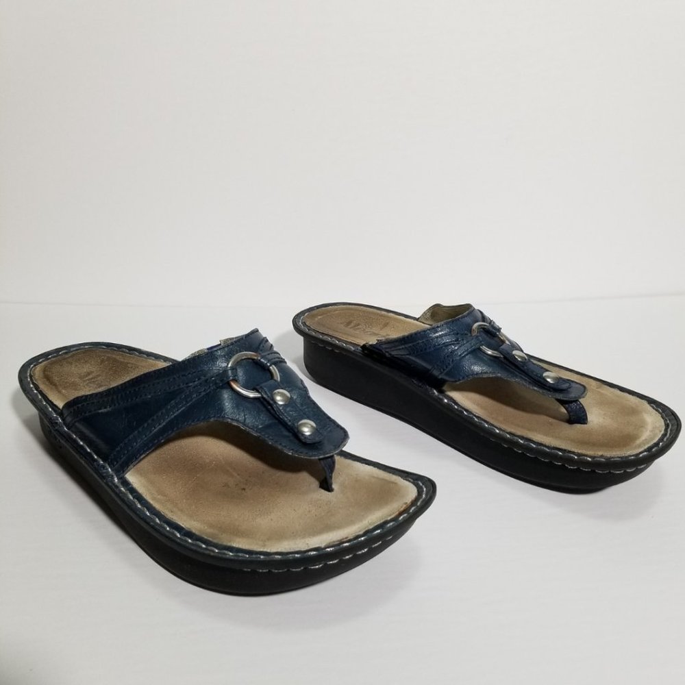 Alegria POR-103 Blue Patent Leather Comfort Thong Sandals